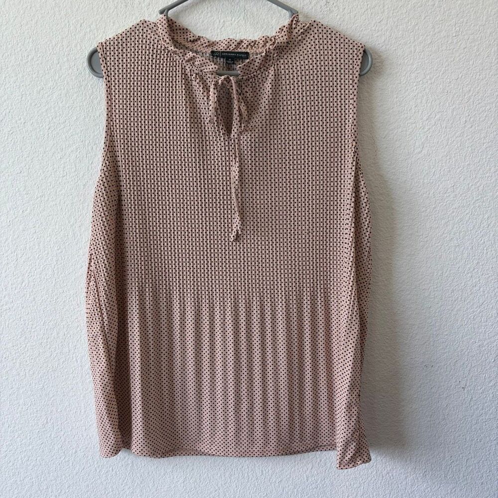 Adrianna Papell Blush Pink & Black Polka Dot Tie Neck Ruffle Blouse Size M